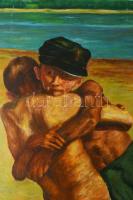 Kocsán Gy jelzéssel, Glatz Oszkár után: Birkozó fiúk, 1978. Olaj, karton. Kissé vetemedett. Fakeretb...