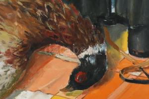 Káldy Lajos (1922-2023): Vadászcsendélet fácánnal és távcsővel, 1991. Olaj, farost. 80x70 cm