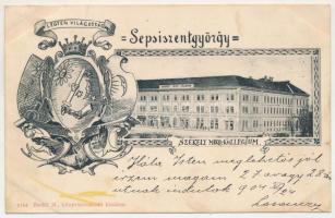 1904 Sepsiszentgyörgy, Sfantu Gheorghe; Székely Mikó kollégium, üzletek. Benkő M. kiadása "Legyen világosság" Studentika, szecessziós-virágos keret / Calvinist boarding school, shops. Studentica, Art Nouveau, floral frame (fl)
