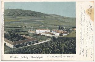 1902 Székelyudvarhely, Odorheiu Secuiesc; Cs. és kir. 82. gyalogezred laktanyája. Gál János kiadása / K.u.K. military infantry barracks + "SZÉKELY-UDVARHELY - SEGESVÁR 134. SZ." vasúti mozgóposta bélyegző (fl)