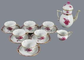 Herendi Apponyi mintás 6 személyes mokkás készlet. Kézzel festett, jelzett, cukortartója hiányzik, kanna fogója hiányos.