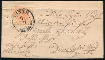 1858 3kr kis méretű levélen "(R)OSNYÓ" - Diósgyőr