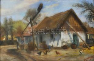 Egerváry Potemkin Ágost (1858-1930): Élet az udvaron. Pasztell, papír. Jelzett. Dekoratív, üvegezett, kissé sérült fakeretben. 32x50 cm