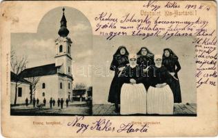 1903 Harta, Kisharta, Kis-Harta; Evangélikus templom, hartai népviselet. Molnár Gyula kiadása (kopott sarkak / worn corners)