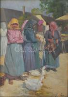 Nagy Ernő (1881-?): Piac. Olaj, fatábla. Jelezve jobbra lent. Üvegezett, sérült fakeretben. 40x30 cm