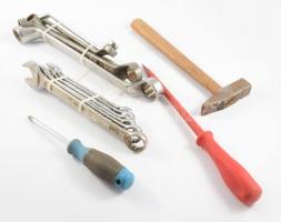 Vegyes szerszámok, kalapács, villáskulcs, csavarhúzó