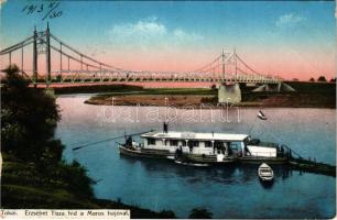 1913 Tokaj, Erzsébet Tisza híd a Maros hajóval + "TOKAJ P.U." (EK)