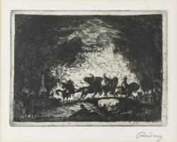 Rudnay Gyula (1878-1957): Vágtató lovasok. Rézkarc, papír, jelzett, üvegezett fakeretben, 15×19 cm.