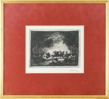 Rudnay Gyula (1878-1957): Vágtató lovasok. Rézkarc, papír, jelzett, üvegezett fakeretben, 15×19 cm