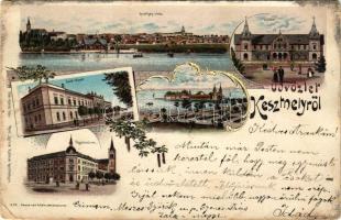 1899 Keszthely, látkép, Gazdasági Intézet, Sziget fürdő, Hullám szálloda, Főgimnázium. Mérei Ignác kiadása. Art Nouveau, floral, litho (kopott sarkak / worn corners)