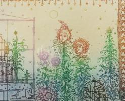 Gross Arnold (1929-2015): Madarak és virágok. Rézkarc, papír, jelzett, próbanyomat, üvegezett fakere...