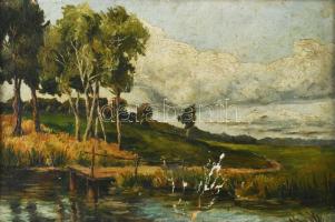 Szongoth Anna (1908-1991): Kávás (Nagykároly és Zilah között), 1920-as évek. Olaj, karton. Jelzés nélkül. Hátoldalán román kiviteli bélyegzéssel. Sérült. 28,5x42 cm. Dekoratív, sérült fakeretben.