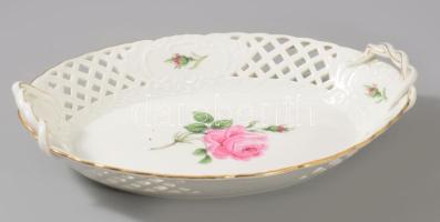 Meisseni áttört tál.. Kézzel festett, jelzett, felületi karccal 25x17 cm