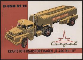 cca 1965 Csepel Teherautógyár D450 N1-11 típusú üzemanyag-szállító teherautó képes dekoratív német nyelvű nagyméretű reklámlapja műszaki adatokkal, jó állapotban, 21×29,5 cm