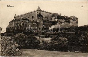 Zólyom, Zvolen; vár, gőzmozdony, vonat. Vasúti levelezőlapárusítás 350. / castle ruins, locomotive, train (ragasztónyom / glue marks)