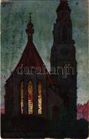 1915 Kolozsvár, Cluj; Szent Mihály templom este. A kolozsvári Vöröskereszt kórházak javára / church at night s: Kürthy (kopott sarkak / worn corners)