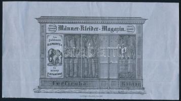 1855 Férfiruha raktár és legújabb férfi öltönyök az Arany Elefánthoz üzletben, a nagy híd és a Váci utca szegletén, képviselő Strasser Bernhard, dekoratív fametszetes képpel magyar és német nyelvű szöveggel, két oldalas reklámlap gyűrődéssel, jó állapotban, 13×23 cm
