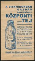 1938 Központi tej reklámlap tejesüveggel, kis gyűrődésekkel, jó állapotban, 17,5×10 cm