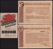1943 Orion 366 rádió használati utasítása képpel, két kihajtható lap, a rádió és a hozzá tartozó Tungsram rádiócső kitöltött szavatossági jegye, össz. 3 db