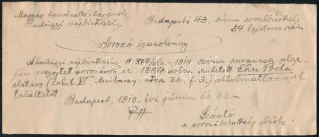 1919 A Magyar Tanácsköztársaság Hadügyi Népbizottsága egyik budapesti sorozóbizottsága által kézzel írt igazolvány katonai alkalmatlanságról