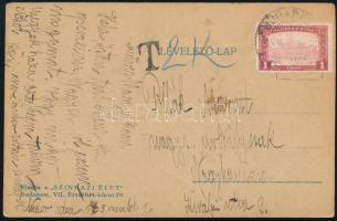 1922 Képeslap Parlament 1K bérmentesítéssel, a képoldalon Kisegítő portó 2 x 100f/15f bélyegekkel me...