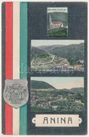 1908 Anina, Stájerlakanina, Stájerlak, Steierdorf; Római katolikus templom, vasgyár, látkép. Magyar zászlós és címeres keret / Catholic church, ironworks, factory, general view. Hungarian coat of arms and flag (EM)