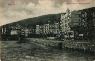 1907 Abbazia, Opatija; Südstrand mit Hotel Bellevue / Bellevue szálloda. Divald Károly 1413-1907 / hotel, seashore (kis szakadás / small tear)