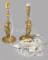 Régi figurális díszítésű bronz lámpa pár, egyik felújított, m: 33 cm