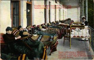 Budakeszi, Erzsébet királyné szanatórium, emeleti fekvő folyosó a főépületben, fekvő kúra a szabadban + "ERZSÉBET SZANATÓRIUM BUDAPEST POSTAI ÜGYN."