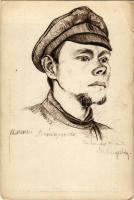 Orosz fogoly, "Tanulmány fő". Kiadja a m. kir. 10. honvéd gyalogezred az özvegy- és árvaalap javára. Herbst műnyomása - 42. / WWI Austro-Hungarian K.u.K. military art postcard s: Meilinger Dezső hadnagy (kis szakadás / small tear)