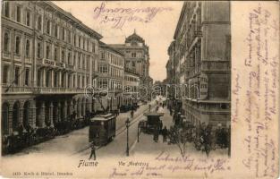 1904 Fiume, Rijeka; Via Andrássy / Andrássy utca, Lloyd szálloda, Grand Hotel Europe nagyszálloda, villamos / street view, hotels, tram (ázott / wet damage)