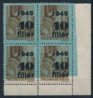 1945 Kisegítő 40f/10f ívsarki négyestömb elcsúszott alapnyomattal (ráncok / creases)
