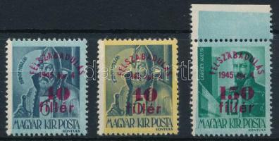 1945 3 db Felszabadulás bélyeg elcsúszott alapnyomattal