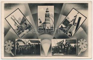 1941 Géres, Ghirisa; templom, szövetkezeti üzlet, megkoszorúzott országzászló, március 15-ei ünnepség. Hangya kiadása / church, cooperative shop, wreathed Hungarian flag and monument (ragasztónyomok / glue marks)