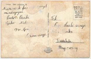 1941 Géres, Ghirisa; templom, szövetkezeti üzlet, megkoszorúzott országzászló, március 15-ei ünnepsé...