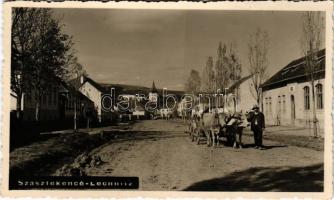 1940 Szászlekence, Lekence, Lechnita; utca, templom, ökrös szekér / street view, church, ox cart. photo