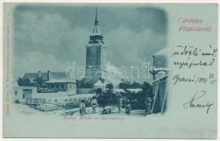 1899 Barcaföldvár, Földvár, Marienburg, Feldioara; Evang. Kirche in Marienburg. Zeidner H. / evangélikus templom télen / Lutheran church in winter + "BRASSÓ - BUDAPEST 16. SZ." vasúti mozgóposta bélyegző (EB)