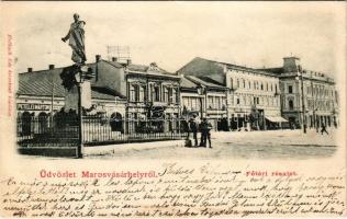 1900 Marosvásárhely, Targu Mures; Fő téri részlet, Návay Bogdán, Izmael János, Kondray János, Tánczos Gyula üzlete, Központi szálloda, Csizmakészítő Társulat, Hotel Transilvania szálloda és kávéház, Gyógyszertár. Holbach Ede kiadása / square, shops, hotel, café, pharmacy (EB)