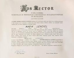1962 Bp., a Budapesti Orvostudományi Egyetem által kiállított doktori diploma Lengyel Mária orvos, kardiológus részére, Törő Imre (1900-1993) hisztológus, rektor és Tarján Imre (1912-2000) biofizikus, dékán aláírásával, feltekerve, karton hengerben, 34,5x49,5 cm