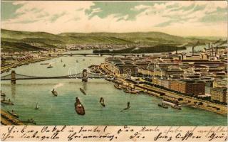1901 Budapest, látkép, Lánchíd, Magit híd, Margitsziget, gőzhajók