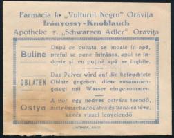 cca 1920 Oravicabánya (Oravita) Irányossy-Knoblauch Fekete Sashoz Gyógyszertár (Apothekeke zum Schwarzen Adler) borítéka, román, német és magyar nyelven, foltos, 7x9 cm