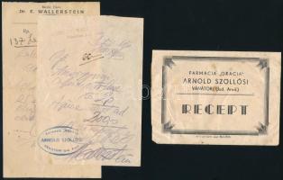 cca 1930 Szöllősi Arnold aradi gyógyszertárának receptborítéka, benne Dr. Wallerstein Imre aradi orvos két receptje