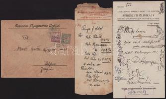 1913-1919 Vegyes gyógyszerész tétel, 3 db: 1913 Kolozsvári Ferencz József Tud.-Egyetem Sebészeti Klinikája receptje. Dr. Gyergyay Árpád (1881-1952) orvos.; Schwartz Lipót Gyógyszertára a Magyar Koronához Petrozsény fejléces recept, hajtott, sérült.; 1918 Temesvári Gyógyszerész-Testület borítéka Albrecht Gusztáv gyógyszerész részére.;