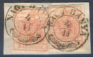 1850 2 x 3kr MP III vízszintes pár kis lemezhibával, enyhén lépcsős bérmentesítés kivágáson "NAGY BÁNYA"