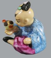 Herendi madárral játszó kínai gyermek. Jelzett, hibátlan, m: 8,5 cm