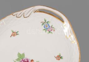 Herendi virágmintás szendvicses tálca, jelzett, füle restaurált, 48x17 cm