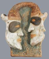 Kétfejű bohós kerámia falidísz, 26x22 cm