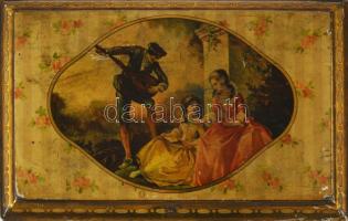 Zsánerjelenetes fémlemez díszdoboz, zárható, kulccsal , 13x22 cm