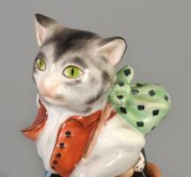 Herendi porcelán csizmás kandúr, kézzel festett, jelzett, hibátlan, m: 15,5 cm