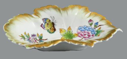 Herendi Viktória mintás levél alakú tálka, jelzett, aranykopással, 15x9 cm